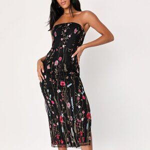 Lulus Bold Botanicals Black Floral Embroidered Strapless Midi Dress - Size L